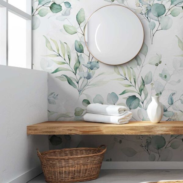 Badkamer behang Eucalyptus blaadjes patroon