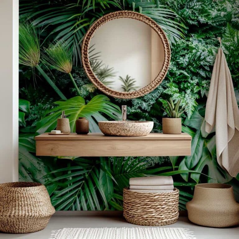 Behang badkamer - Badkamer behang Tussen groene bladeren