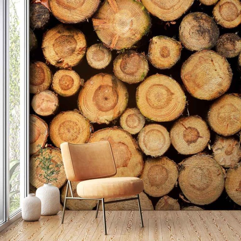 Fotobehang Gestapelde boomstammen