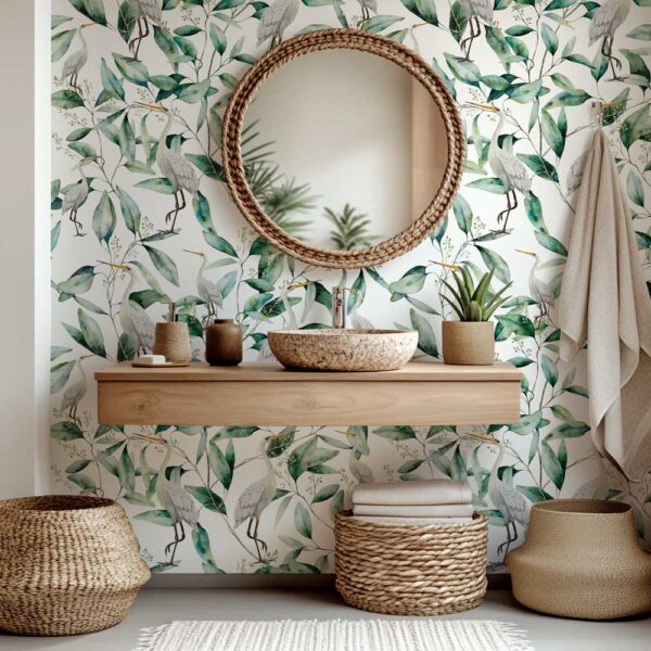 Badkamer behang Reiger botanisch patroon