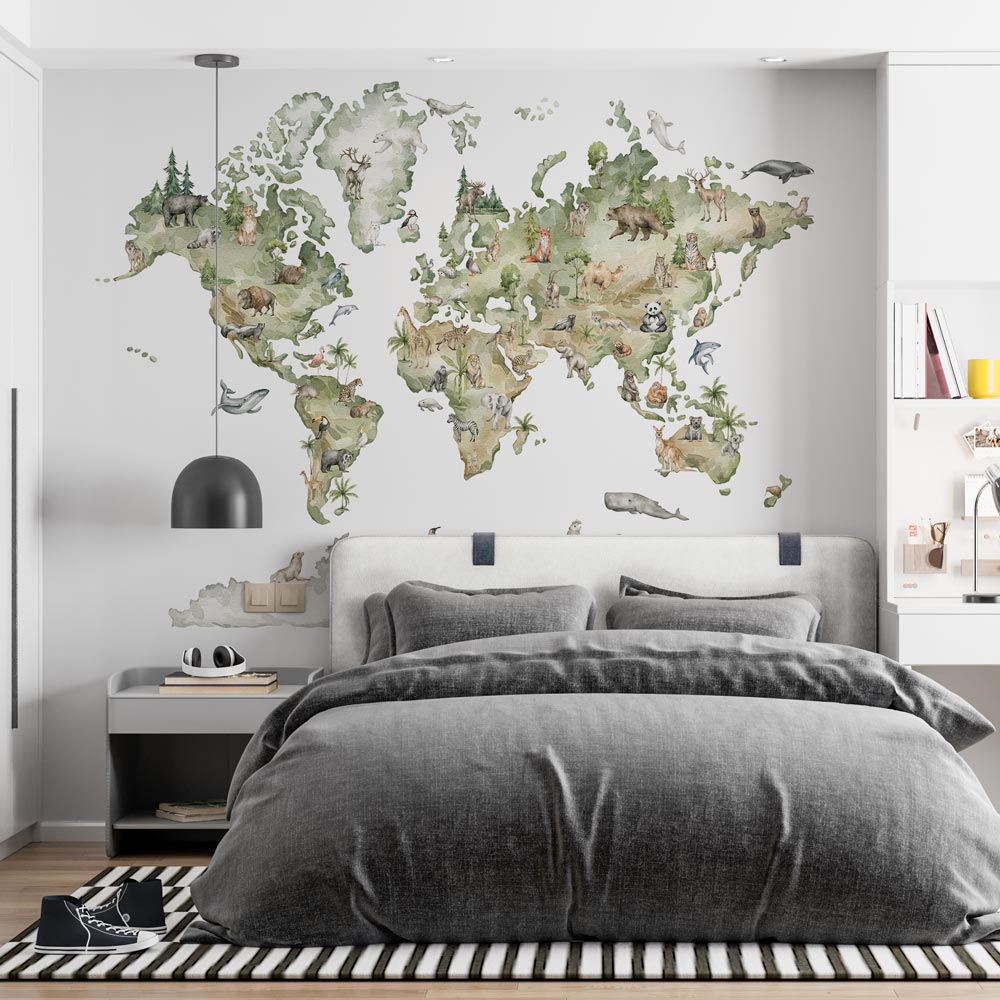Fotobehang Wereldkaart met dieren