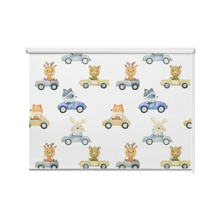 Rolgordijn Vrolijke bosdieren in auto