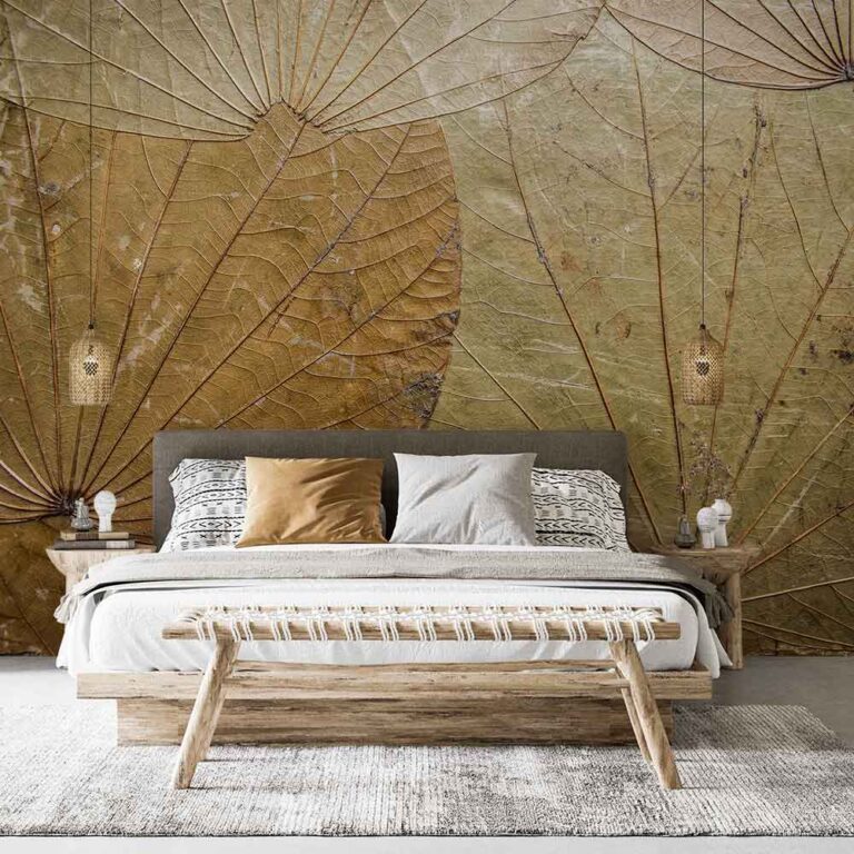 Fotobehang Goudkleurige bladeren met nerven