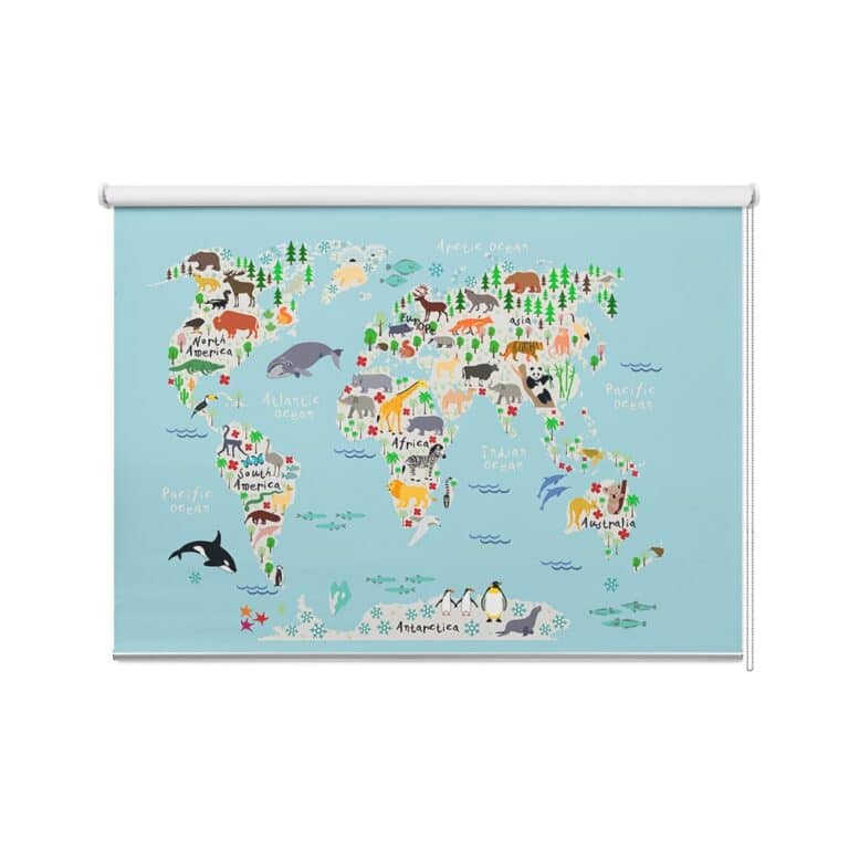 Rolgordijn Dieren wereldkaart