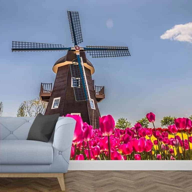 Fotobehang molen met tulpen