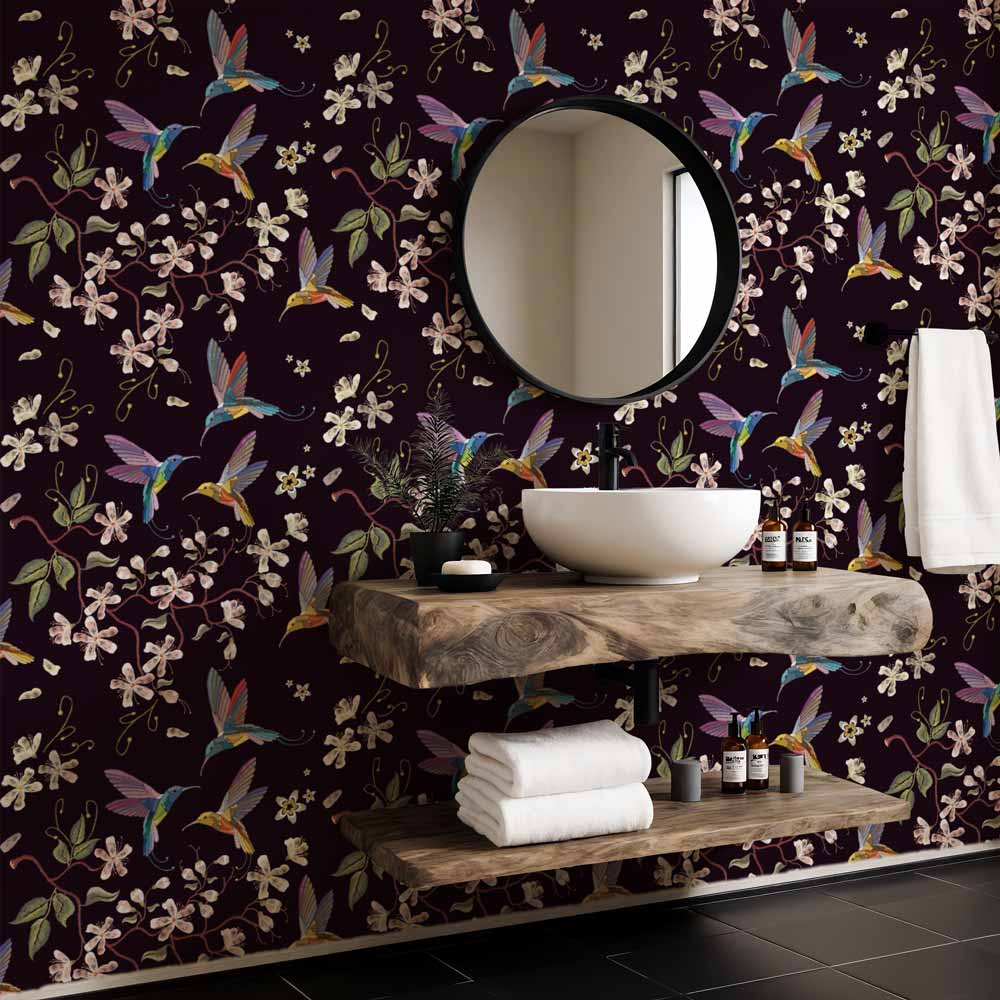 Badkamer behang Botanische kolibrie badkamer donker