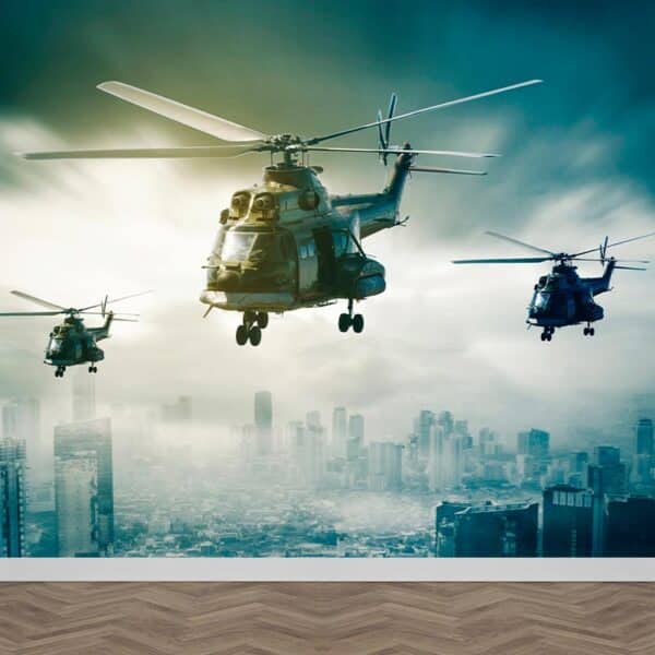Fotobehang Helikopters vliegen boven stad