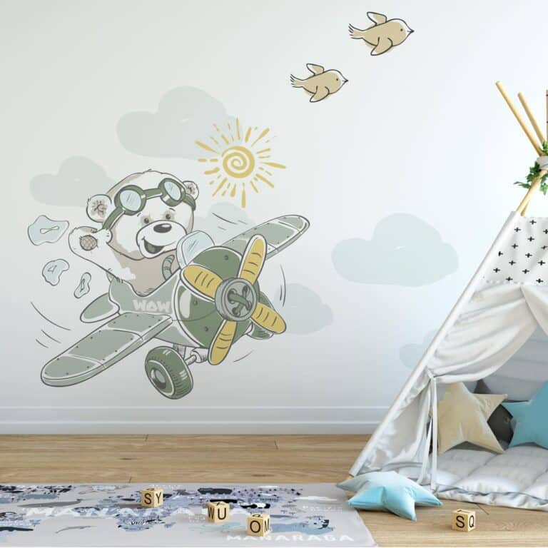 Kinderbehang Zwaaiend beertje in vliegtuig