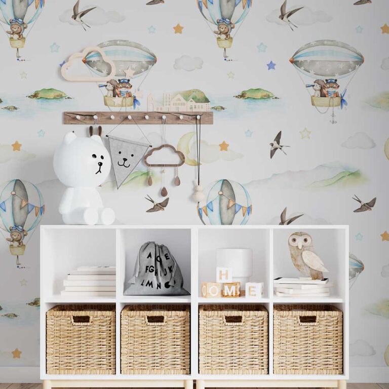 babykamer behang - babybehang - behang babykamer - Kinderbehang Dieren avontuur in luchtballon