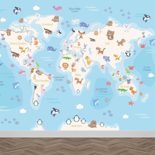 Fotobehang Wereldkaart met dieren