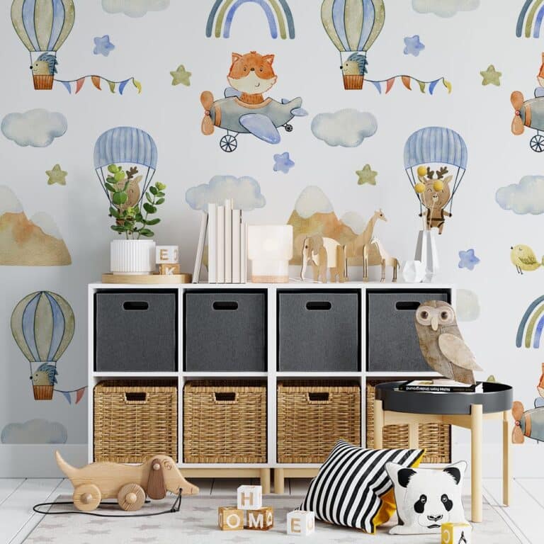 Kinderbehang Vrolijke dieren in luchtballon en vliegtuig