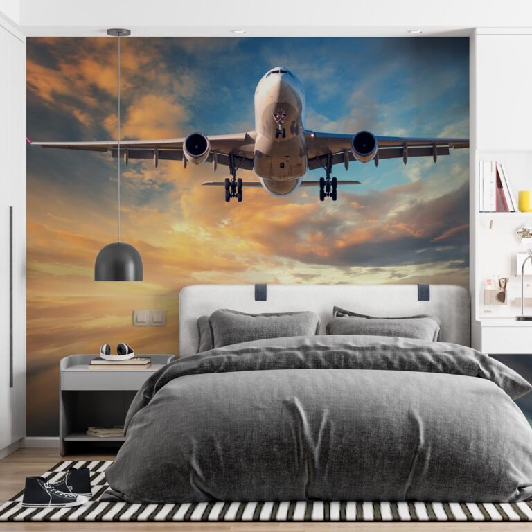 fotobehang vliegtuig in avondschemer