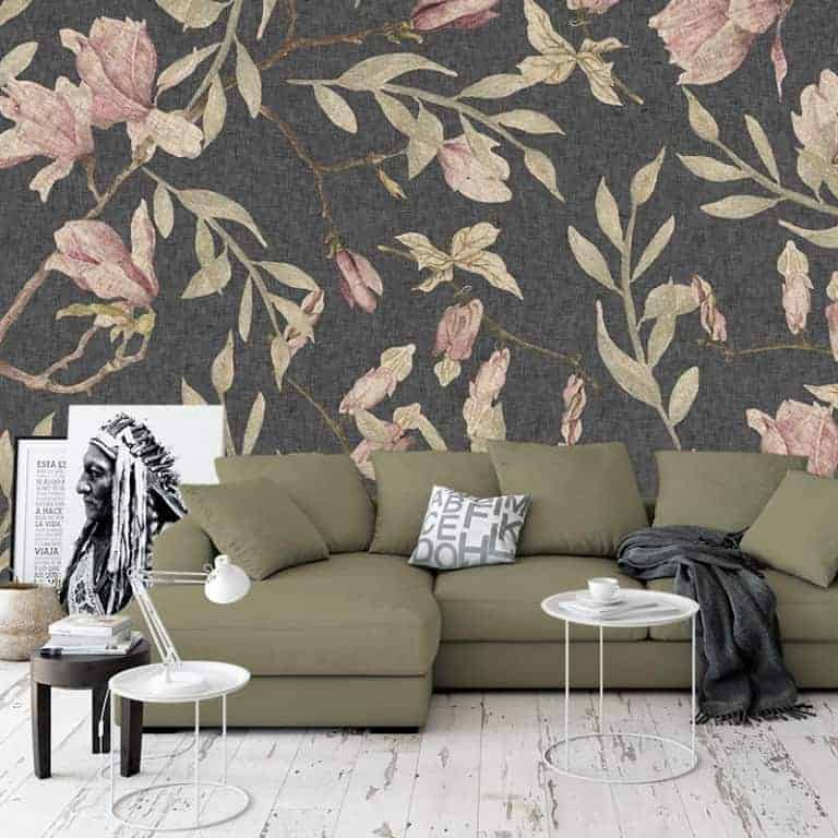 Fotobehang Magnolia patroon op donkere achtergrond