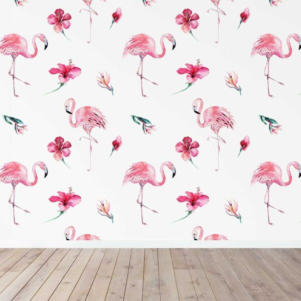 Fotobehang Flamingo met bloemen aquarel