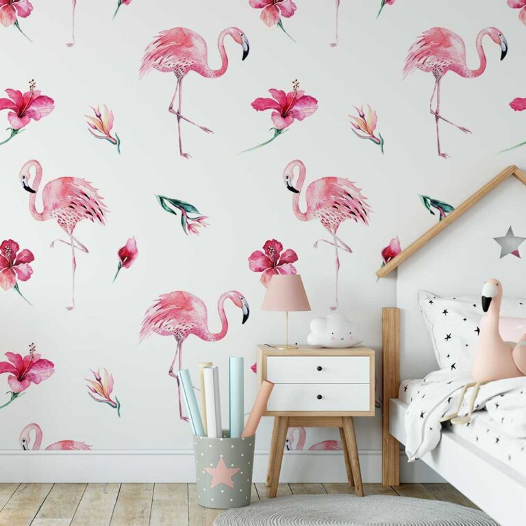 Fotobehang Flamingo met bloemen aquarel