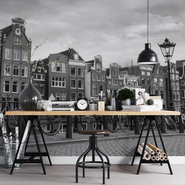 Fotobehang Amsterdams stadsgezicht zwartwit