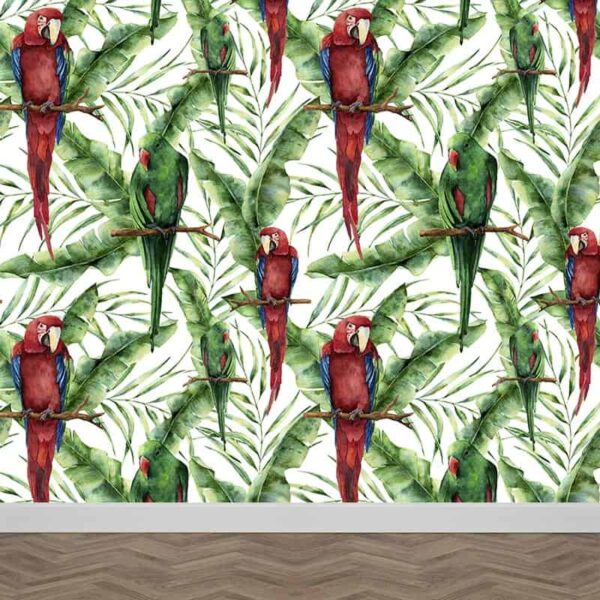 Fotobehang Groene en rode papegaaien patroon