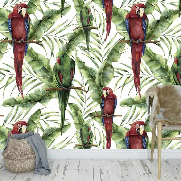 Fotobehang Groene en rode papegaaien patroon