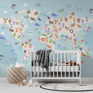 Kinderbehang Baby dieren wereldkaart