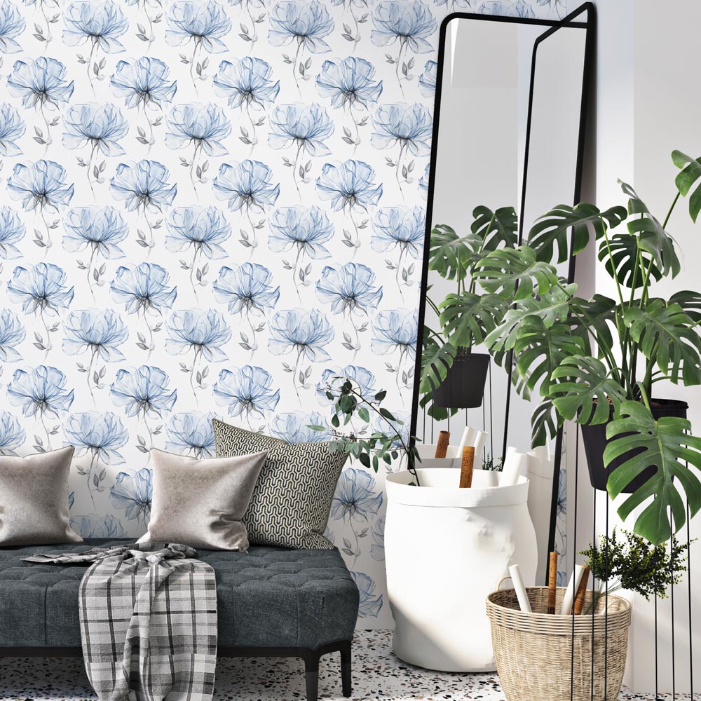 Fotobehang bloemen - Fotobehang Transparante bloemen blauw