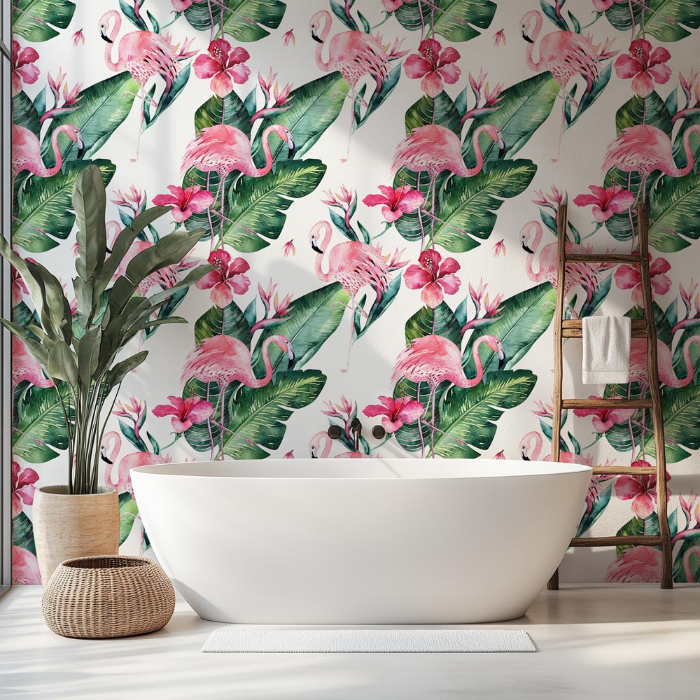 Badkamerbehang Botanisch roze flamingo - behang badkamer