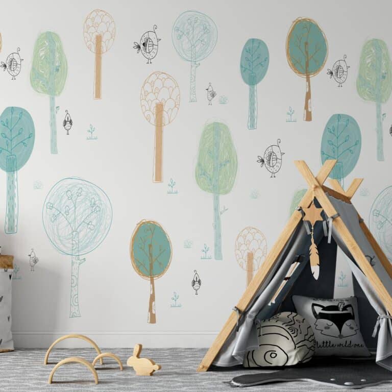 Kinderbehang boompjes met vogels