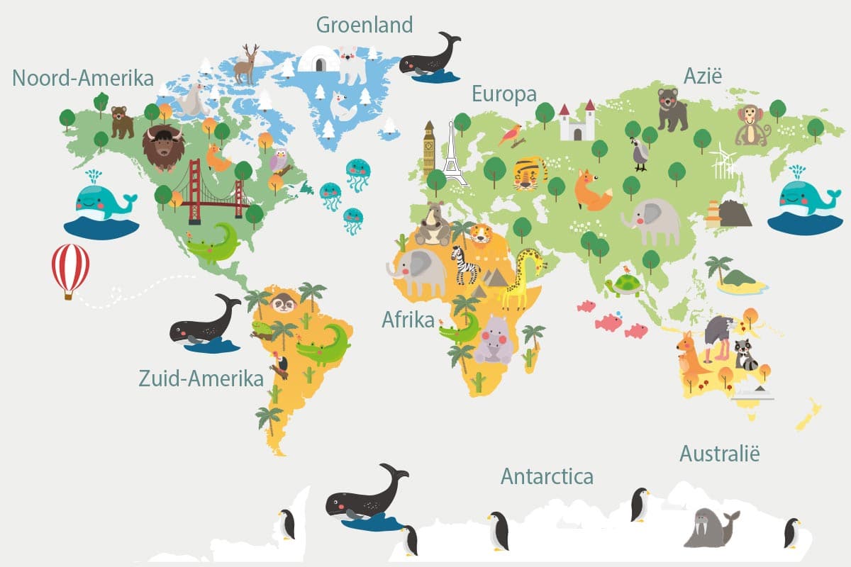 spoelen Beschrijvend Joseph Banks Kinderbehang Gezellige dieren wereldkaart - youpri