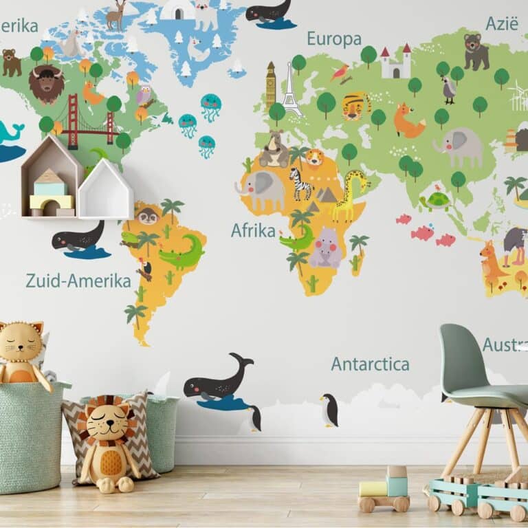 Kinderbehang Gezellige dieren wereldkaart
