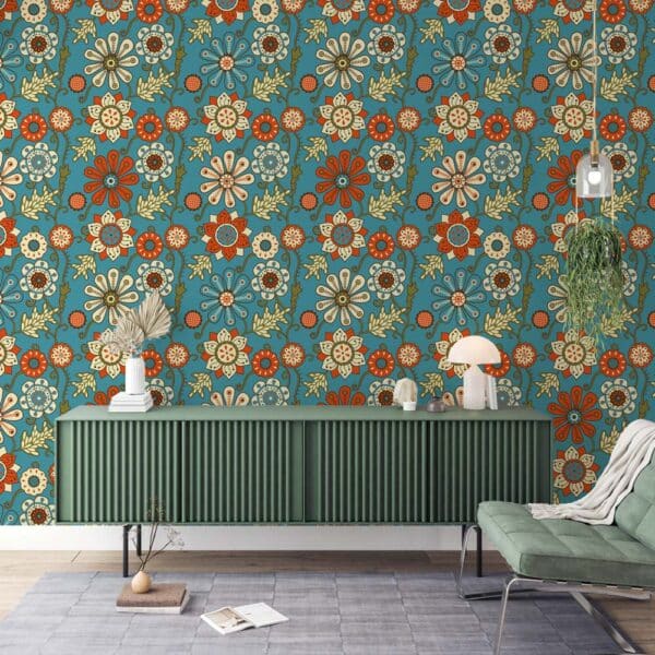 Patroon behang retro bloemen blauw