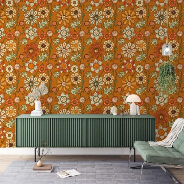 Patroon behang retro bloemen oranje