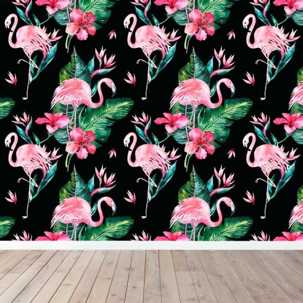 fotobehang Flamingo's en bladeren groot