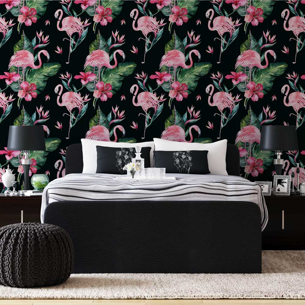 fotobehang Flamingo's en bladeren