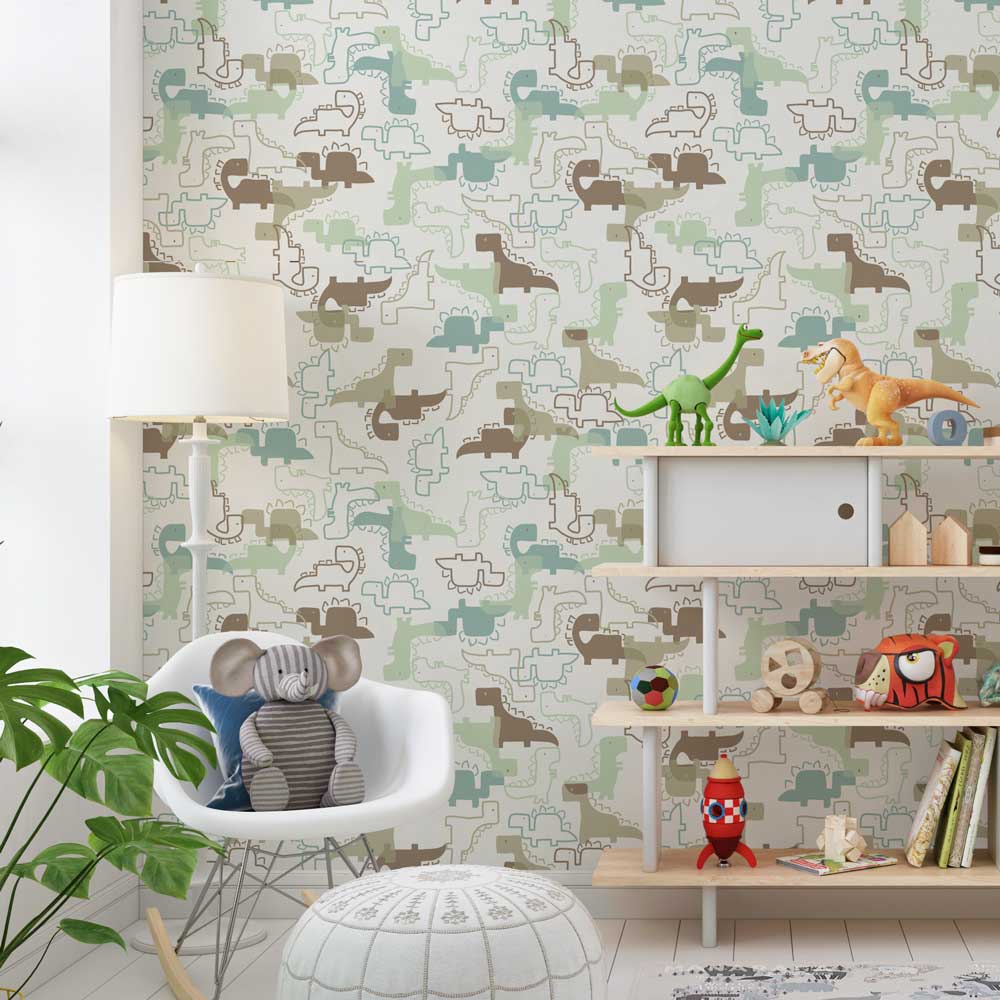 Kinderbehang Dino patroon in groene tinten
