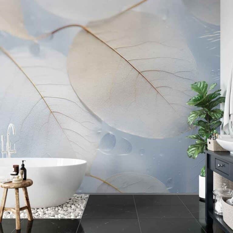 Badkamer behang Lichte blaadjes met waterdruppels
