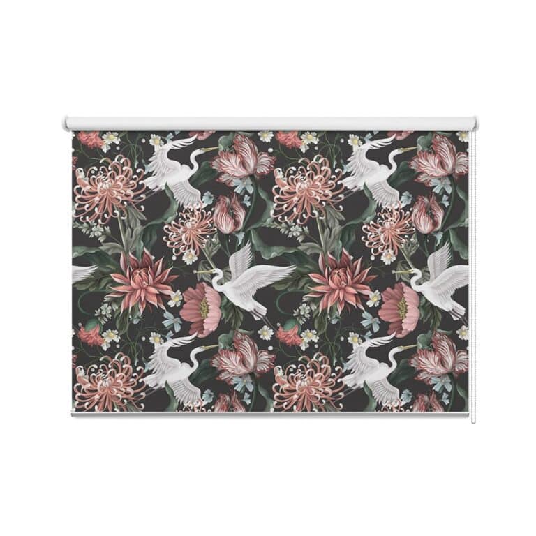 Rolgordijn Witte kraanvogels en bloemen