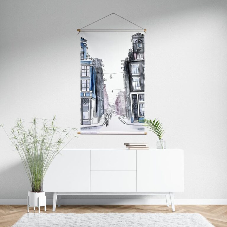 Textielposter Amsterdam huisjes aquarel