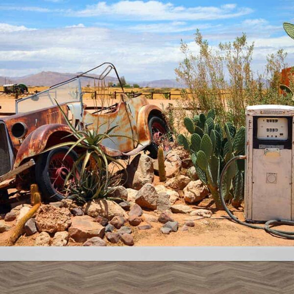 Fotobehang Vintage auto bij benzinepomp