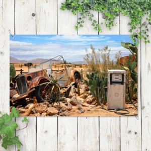 Tuinposter vintage auto bij benzinepomp