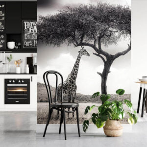Fotobehang Giraf op savanne zwart wit