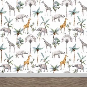 Fotobehang Olifanten en giraffen patroon