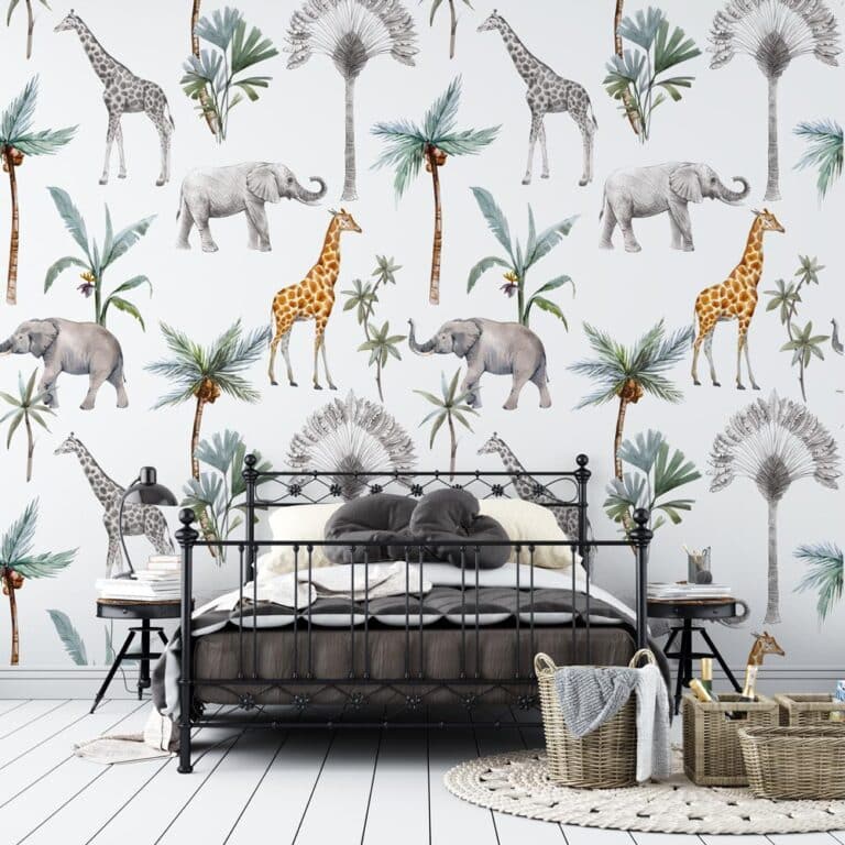 Fotobehang Olifanten en giraffen patroon