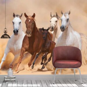Fotobehang Galopperende paarden met veulen