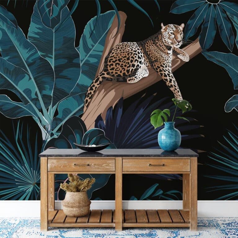 Fotobehang Luipaard in boom botanisch patroon