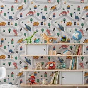 Dino behang -Kinderbehang Dino op skateboard