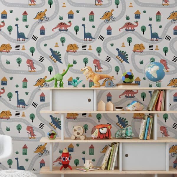 Dino behang -Kinderbehang Dino op skateboard