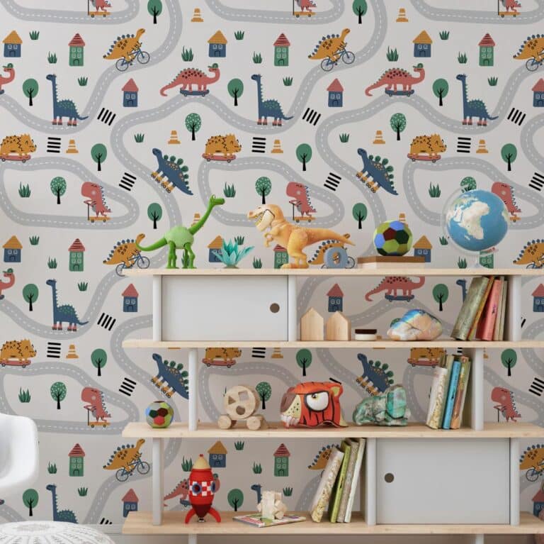 Dino behang -Kinderbehang Dino op skateboard