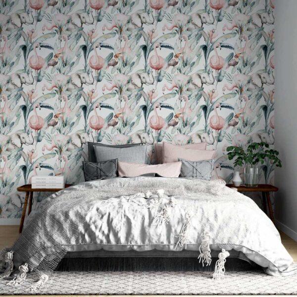 Behang Olifant toekan flamingo