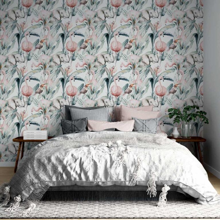 Behang Olifant toekan flamingo