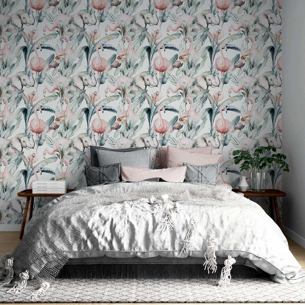 Behang Olifant toekan flamingo