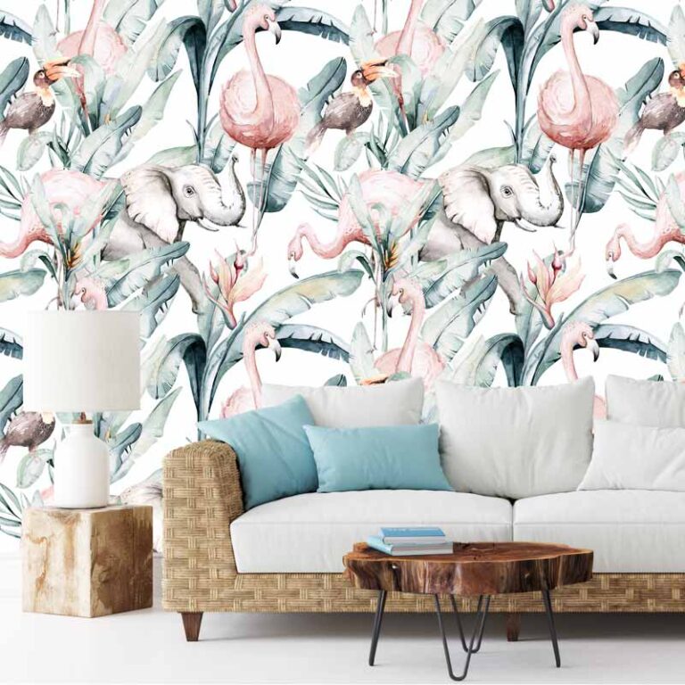 Fotobehang Olifant toekan flamingo in aquarel